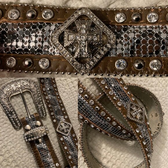 Nocona Vintage Western Leather Belt XL Rhinestones & Large Buckle - Picture 6 of 8
